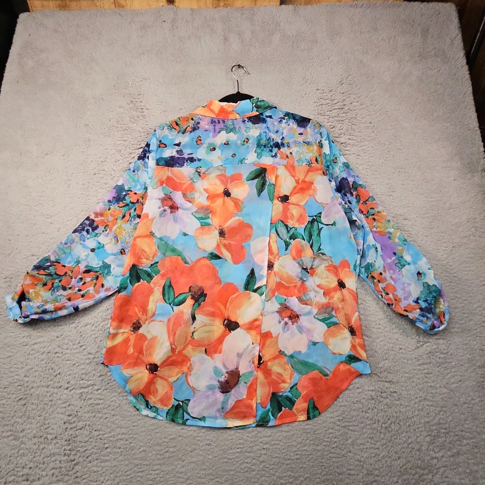Figueroa Flower Women XL Shirt Floral Roll Tab Sleeve Boho Abstract Artsy Resort - Picture 7 of 13